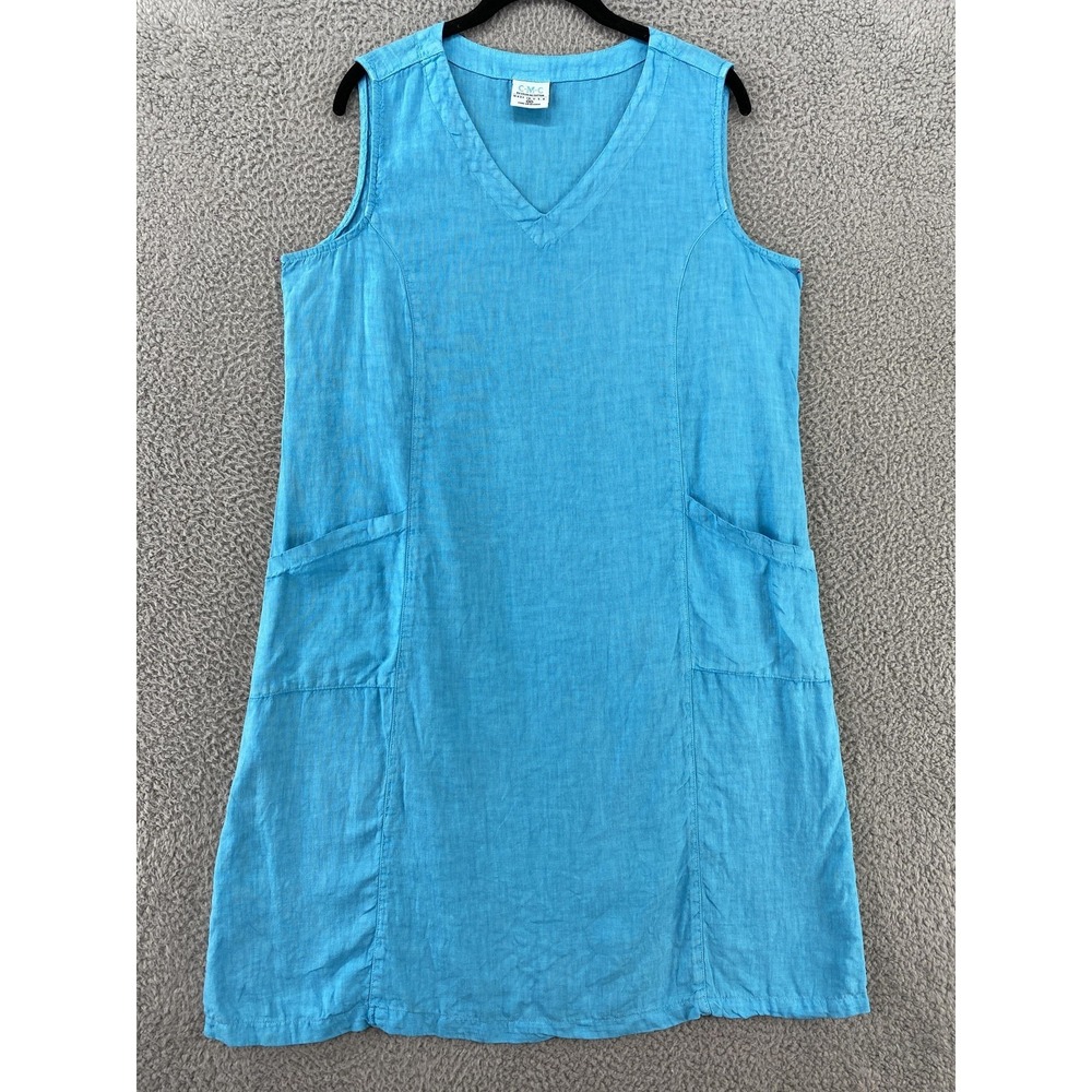 Color Me Cotton Dress Womens Medium Blue Linen Sleeveless V Neck Pockets USA